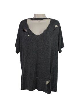Hippie Chic Gray V-Neck Distressed Ripped T-Shirt Top Women Size L Short Sleeve